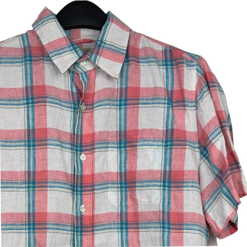 L.L. Bean 100% LINEN Button Up Shirt Mens Medium Short Sleeve Pink Blue Plaid